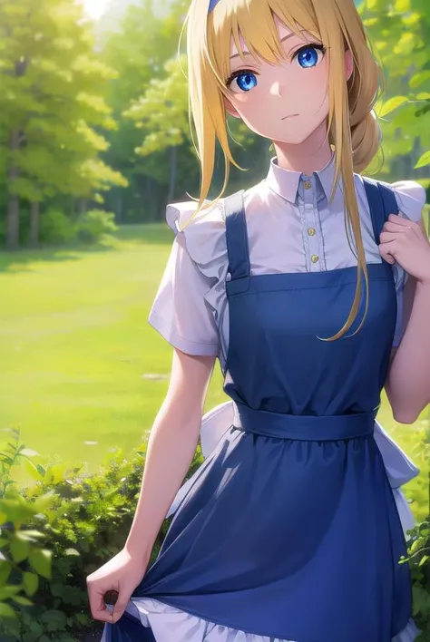 alicezuberg, <lyco:alicezuberg-lyco-nochekaiser:1>, 
alice zuberg, bangs, blue eyes, blonde hair, hair between eyes, very long hair, braid, hairband, white hairband,
BREAK dress, bow, ribbon, short sleeves, frills, apron, puffy short sleeves, blue dress, b...