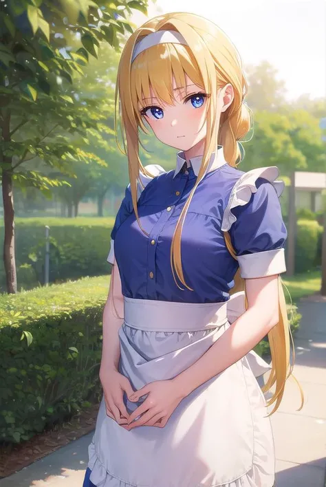 alicezuberg, <lyco:alicezuberg-lyco-nochekaiser:1>, 
alice zuberg, bangs, blue eyes, blonde hair, hair between eyes, very long hair, braid, hairband, white hairband,
BREAK dress, bow, ribbon, short sleeves, frills, apron, puffy short sleeves, blue dress, b...