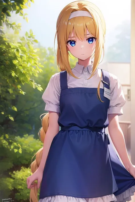 alicezuberg, <lyco:alicezuberg-lyco-nochekaiser:1>, 
alice zuberg, bangs, blue eyes, blonde hair, hair between eyes, very long hair, braid, hairband, white hairband,
BREAK dress, bow, ribbon, short sleeves, frills, apron, puffy short sleeves, blue dress, b...