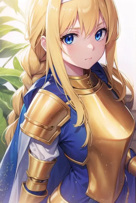 alicezuberg, <lyco:alicezuberg-lyco-nochekaiser:1>, 
alice zuberg, bangs, blue eyes, blonde hair, hair between eyes, very long hair, braid, hairband, white hairband,
BREAK dress, cape, armor, blue dress, shoulder armor, gauntlets, pauldrons, breastplate, a...