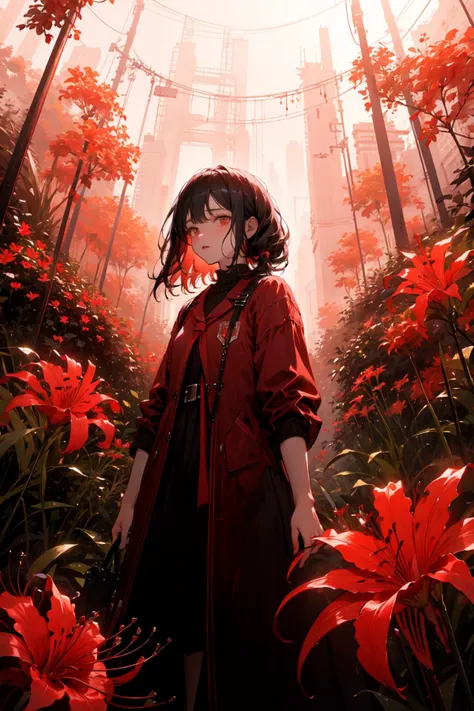 a woman in a red coat standing in a forest with red flowers