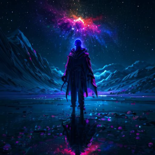 a man standing in the middle of a lake with a colorful galaxy in the background