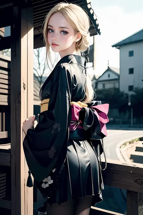 araffe in a kimono dress standing on a wooden platform