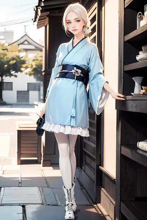 araffe woman in a blue kimono dress standing on a sidewalk