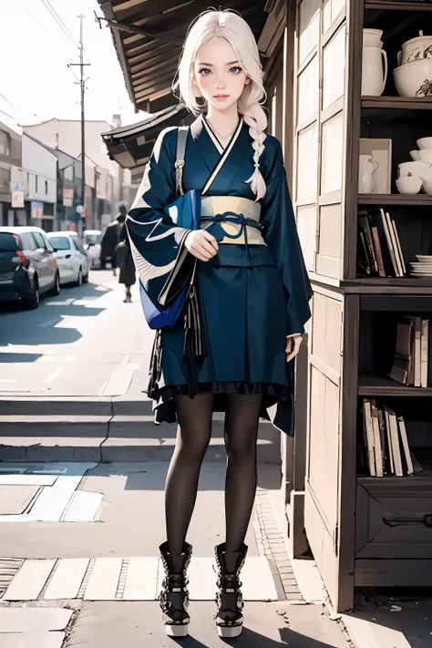 araffe dressed in a blue kimono standing on a sidewalk