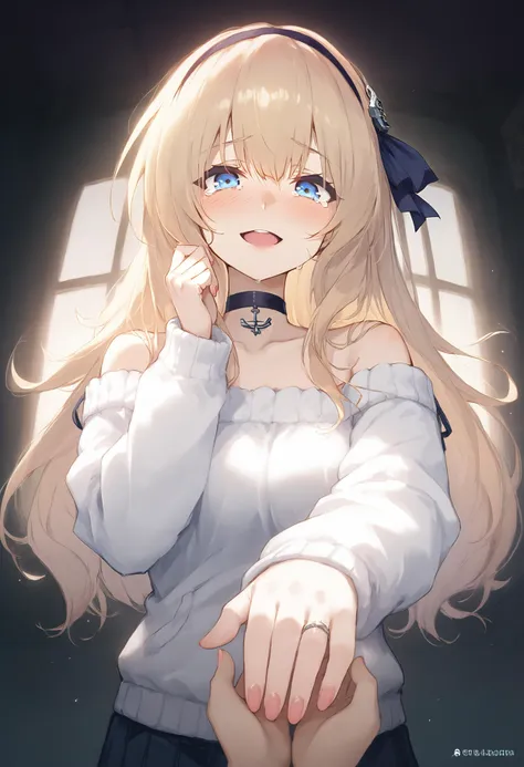 anime girl with long blonde hair and blue eyes holding her hand