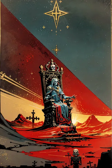 ((dead skeleton on throne, tarot card,)), macabre, knight armor, medieval ornaments, standing on a Martian landscape, sun beams, rays, skulls, roses, Tarot card framed by the Atacama Desert under a starry sky, vintage, old print, graphic design