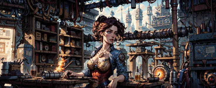 masterpiece, best quality, a girl sitting in her steampunk fantasy workshop working on a project BREAK blueprints, potions, clutter, cameras, portals, mechanical clocks, gears BREAK highly detailed, colorful, vivid, extremely intricate, 8K, UDH, high quali...