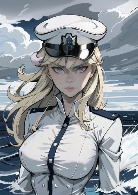 20yo woman, blonde, blue eyes, serious face, wearing a white navy uniform, white navy hat, ocean background, storm in the ocean, grey clouds