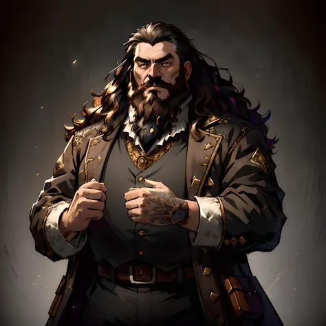 (masterpiece,detailed,highres:1.4) , cowboy shot,dynamic pose,detailed face, detailed eyes,
Hagrid,fat male,long black beard ,brown jacket,magic background, 
 vibrant colors, hdr,