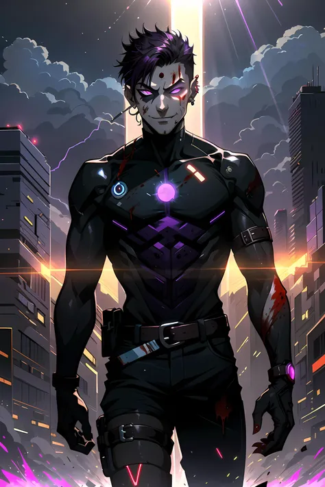 1boy, male, (knee-length frame: 2), handsome, (black metal bodysuit: 2), cyberpunk, (teenager: 0.9), belt, (black violet hair: 1.4), ear piercing, walking, (fire: 1.4) approaching, (domino mask: 2), (glowing eyes: 1.2), (blood on face: 2), (thin: 1.4), ran...