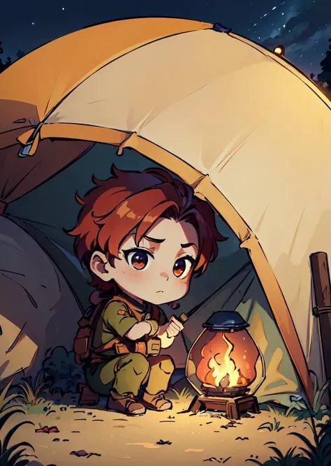 (masterpiece, best quality:1.5),chibi,1boy,camping,tent,at night,brushwood,cel shading, 8K,<hypernet:easynegative:1.0>