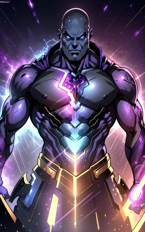 man, male focus, stunning angry thanos, bald, purple cape, nebula space background, volumetric light, upper body, muscle, muscul...