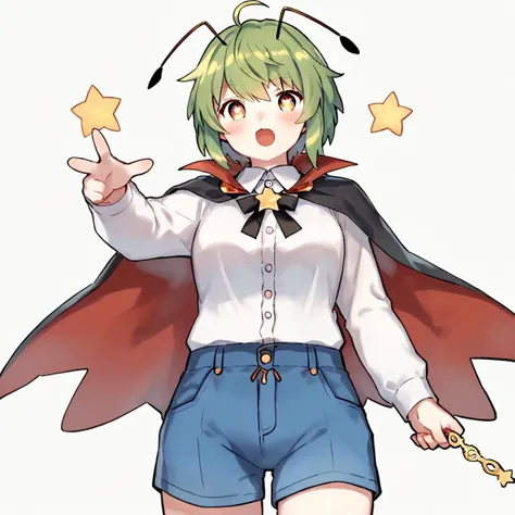 score_8_up, score_9_up, by wkar, wriggle nightbug, 1girl, solo, black_cape, open_mouth, white_shirt, green_hair, antennae, two-sided_cape, long_sleeves, white_background, looking_at_viewer, simple_background, collared_shirt, red_cape, cowboy_shot, blush, b...