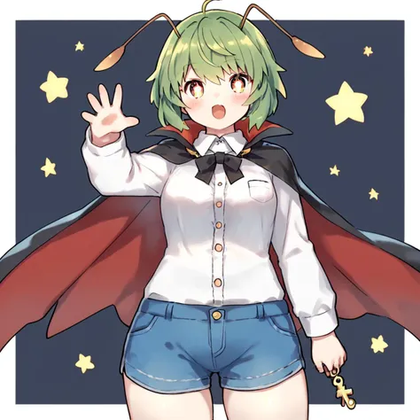 score_8_up, score_9_up, by wkar, wriggle nightbug, 1girl, solo, black_cape, open_mouth, white_shirt, green_hair, antennae, two-sided_cape, long_sleeves, white_background, looking_at_viewer, simple_background, collared_shirt, red_cape, cowboy_shot, blush, b...