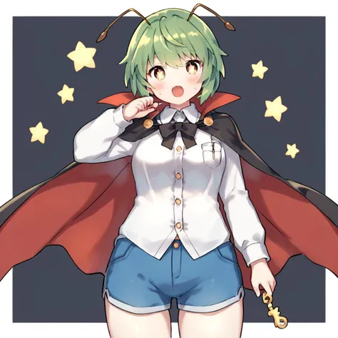 score_8_up, score_9_up, by wkar, wriggle nightbug, 1girl, solo, black_cape, open_mouth, white_shirt, green_hair, antennae, two-sided_cape, long_sleeves, white_background, looking_at_viewer, simple_background, collared_shirt, red_cape, cowboy_shot, blush, b...