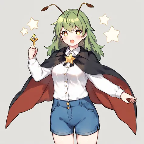 score_8_up, score_9_up, by wkar, wriggle nightbug, 1girl, solo, black_cape, open_mouth, white_shirt, green_hair, antennae, two-sided_cape, long_sleeves, white_background, looking_at_viewer, simple_background, collared_shirt, red_cape, cowboy_shot, blush, b...