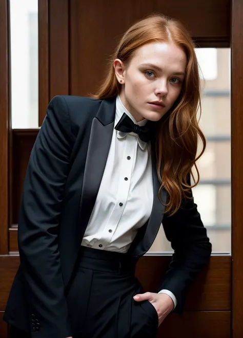 A stunning intricate color close up portrait of (abigailcowen-ti:1) , wearing Tuxedo jacket and tailored trousers, epic character composition, sharp focus, natural lighting, subsurface scattering, f2, 35mm, film grain, , by Peter Lindbergh