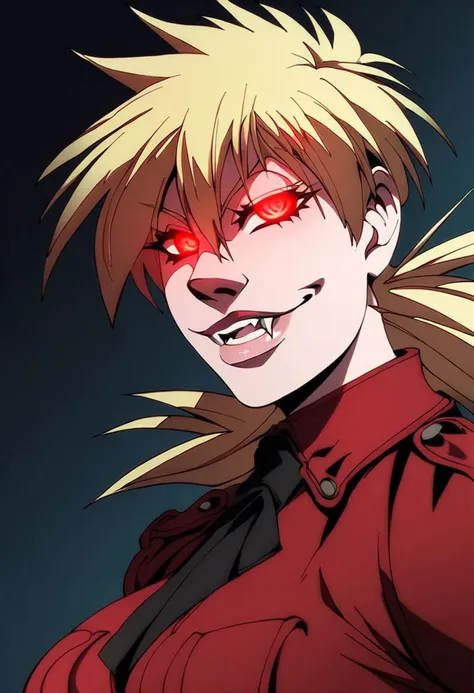 Seras Victoria, Hellsing, red eyes, long hair, red suit, three piece suit, tuxedo, one person, glowing eyes, smirk, vampire, large breasts, cockbulge, lips, score_9, score_8_up, score_7_up, score_6_up, glowing eyes, fangs, smug grin, blonde hair,