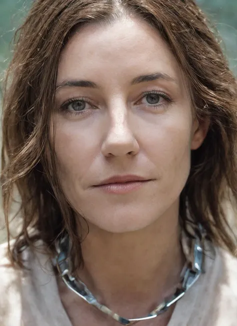 a close up of a woman with a necklace on her neck