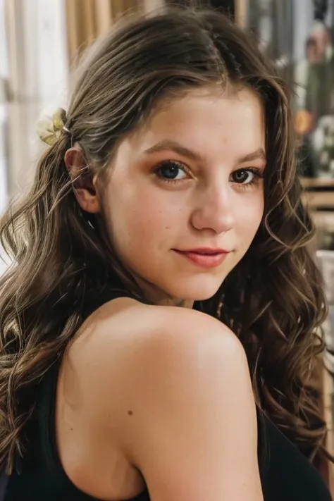 a close up of a young girl with long hair and a flower in her hair