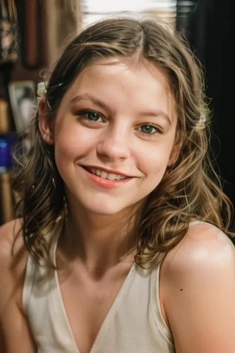 a close up of a young girl smiling at the camera