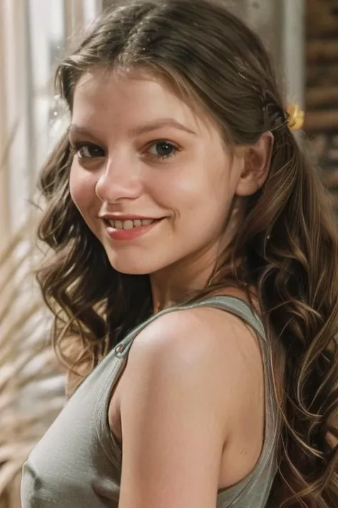 a close up of a young woman with long hair smiling