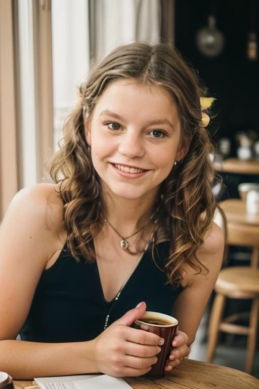 a close up of a woman sitting at a table with a cup of coffee