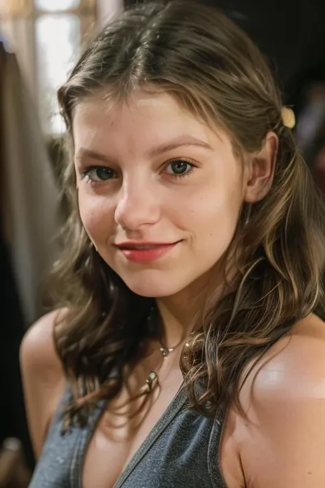 a close up of a young woman with a necklace on her neck