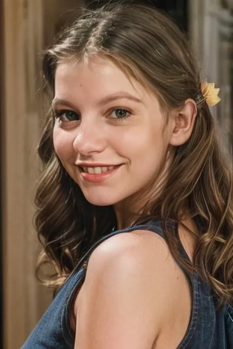 a close up of a young girl with a flower in her hair