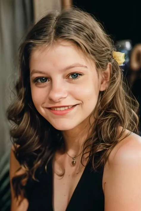 a close up of a woman with long hair and a black dress