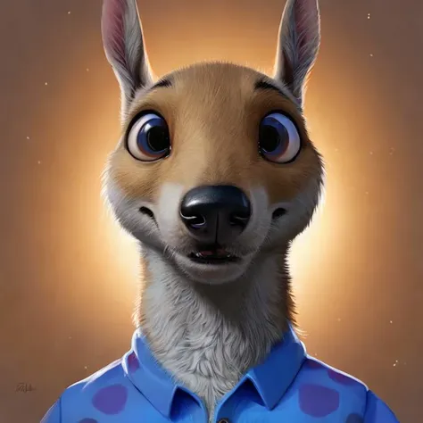 a close up of a cartoon kangaroo wearing a blue shirt