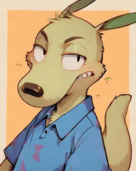 a cartoon dog with a blue shirt and a green nose