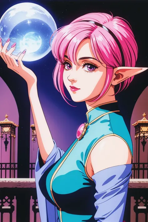 a woman with pink hair holding a crystal ball in her hand