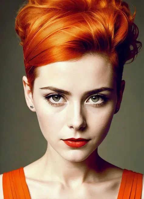 a close up of a woman with bright red hair and a red dress