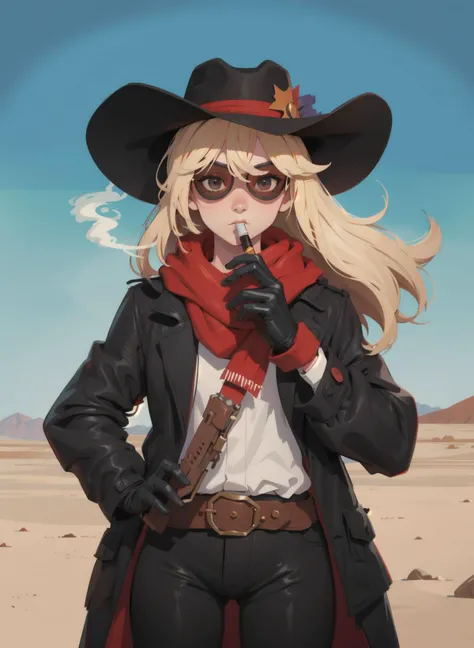 1girl, solo, absurdres,  black pants,(black_coat:1.1), detailed_face,best_quality, masterpiece, blonde, western, cowboy, gun_slinger, desert, goggles, cowboy_hat, red bandana, smoking,