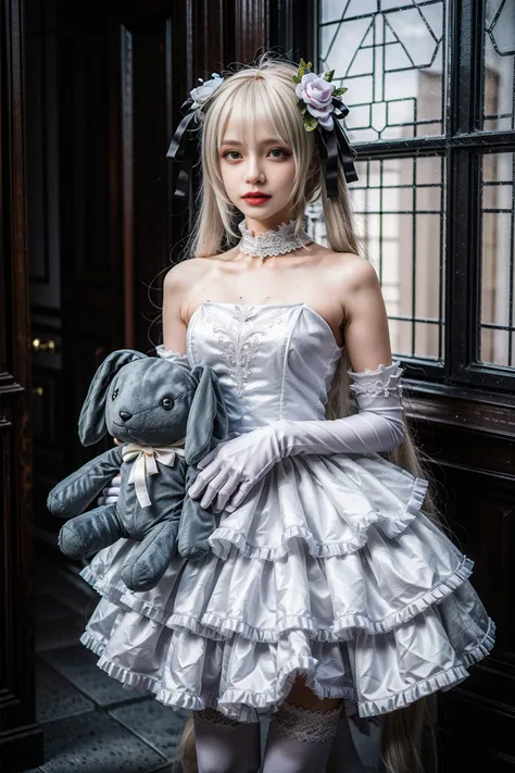 best quality, quality, masterpiece, (photorealistic:1.4), 1girl, kasugano sora, long white hair, twintails, hair ribbon, hair ornament, wedding attire, elbow gloves, wedding dress, thighhighs, (holding stuffed toy:1.5), standing, full body, looking at view...