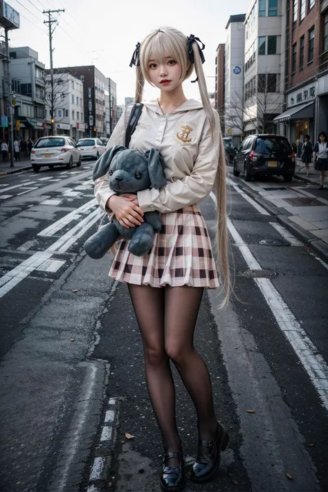 best quality, quality, masterpiece, (photorealistic:1.4), 1girl, kasugano sora, long white hair, twintails, hair ribbon, hair ornament, school uniform, black pantyhose, holding stuffed toy, standing, dynamic pose, full body, looking at viewer, detailed bac...