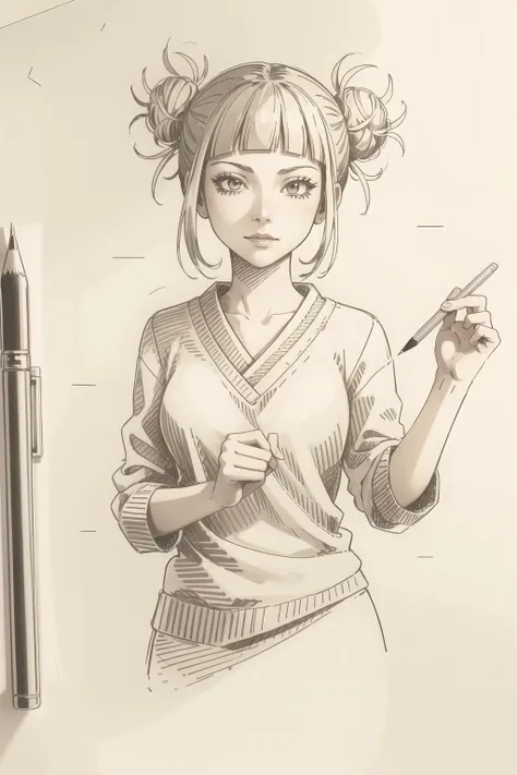 a drawing of a woman holding a pen and a pencil