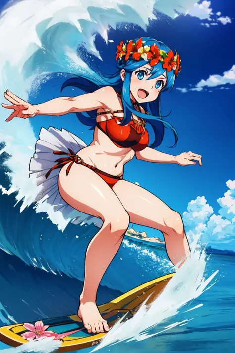 masterpiece, best quality,  <lora:lilinaV1:0.9> sum_lilina, red bikini, navel, flower, head wreath, hair flower, thighs, stomach,  <lora:Surfing:1> surfing, waves, barefoot, :D