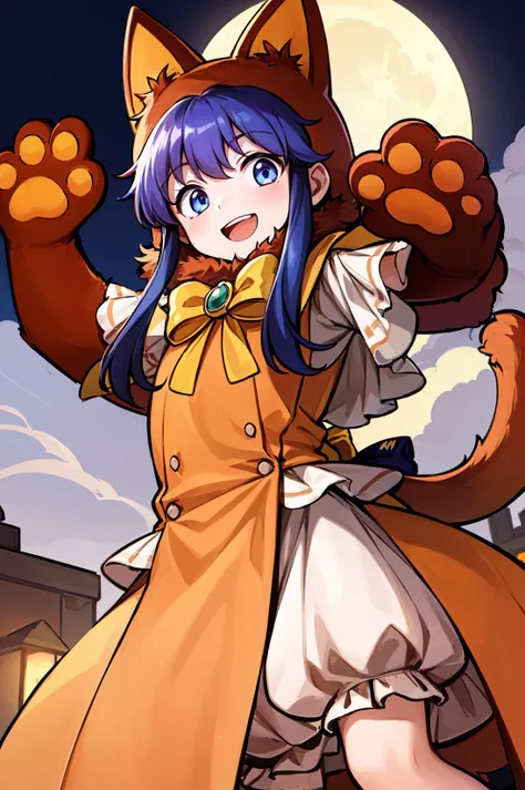 claw pose, from below,<lora:lilinaV1:0.85>,hal_lilina,animal hood, smile,open mouth, tail, looking at viewer, gloves, animal hands, bow, orange animal costume,pumpkin, closed mouth, cat paws, outdoors,halloween, night,moon, (masterpiece, best quality, ultr...