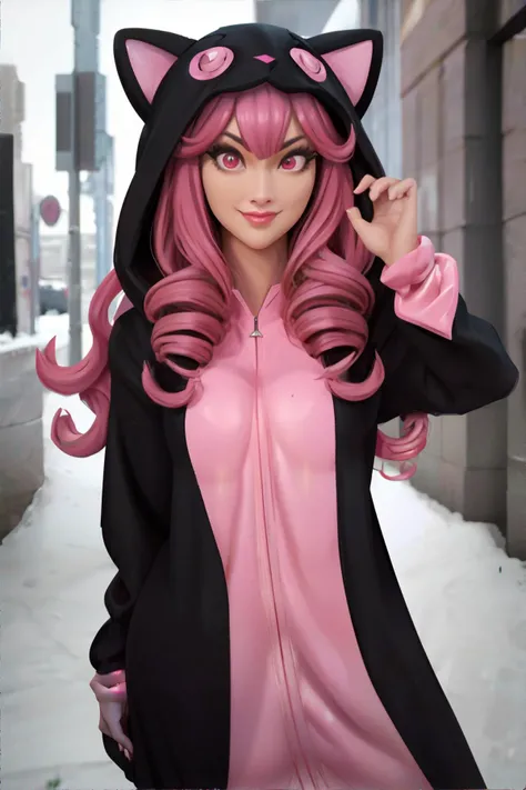 <lora:kigurumi:0.5>, woman wearing black kigurumi, pink curly hair, closed smile || masterpiece, perfect quality, sharp focus, shallow depth of field, 8k