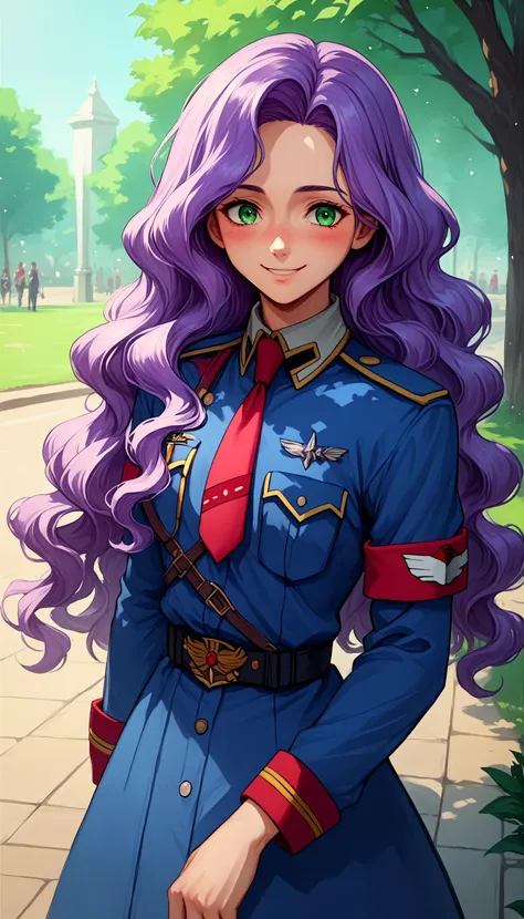 score_9, score_8_up, score_7_up, source_anime, 1girl,
in a park,smile, blush, <lora:Anna_Clement_Pony:0.8>  anna clement, purple hair, green eyes, long hair, wavy hair,, military uniform, blue uniform, necktie, armband,