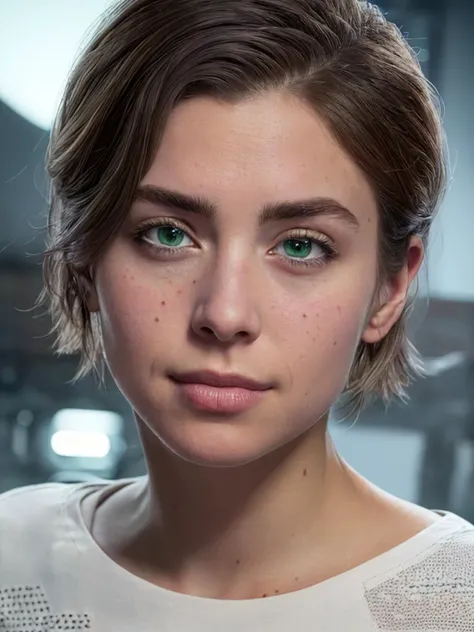 beta,green eyes,brown hair,short hair, white shirt,short sleeves,smile, upper body,solo,standing, underground bunker,science fiction,tech, (insanely detailed, beautiful detailed face, masterpiece, best quality),<lora:beta:0.7>,