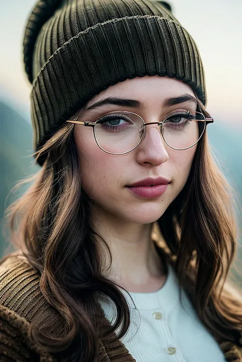 beautiful woman (EPL34nB33fP4tty:.99), perfect hair, (lipstick), (wearing a beanie), (round glasses:1.1), ((portrait)), (closeup:1.2), ((from the waist up)), (((  beautiful scenery, war :1.2 ))), natural skin texture,  ((  Corduroy skirt and cropped cardig...