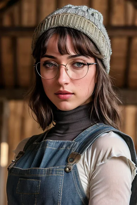 beautiful woman (EPL34nB33fP4tty:.99), perfect hair, (lipstick), (wearing a beanie), (round glasses:1.1), ((portrait)), (closeup:1.2), ((from the waist up)), (((  beautiful scenery, barn, rain :1.2 ))), natural skin texture,  ((  Pinafore dress and short-s...