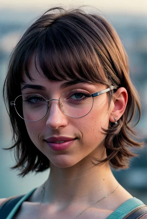 photo of beautiful (EPL34nB33fP4tty:0.99), a woman in ( Rooftop yoga platform at sunrise :1.1), perfect hair, wearing ( serge  :1.2), wearing (glasses:1.2),  modelshoot style, (extremely detailed CG unity 8k wallpaper), professional majestic (photography b...