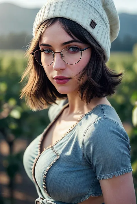 beautiful woman (EPL34nB33fP4tty:.99), perfect hair, (lipstick), (wearing a beanie), (round glasses:1.1), ((portrait)), (closeup:1.2), ((from the waist up)), (((  orchard :1.2 ))), natural skin texture,  ((  Peplum top and skinny jeans :1.2)), ( Hustlewave...