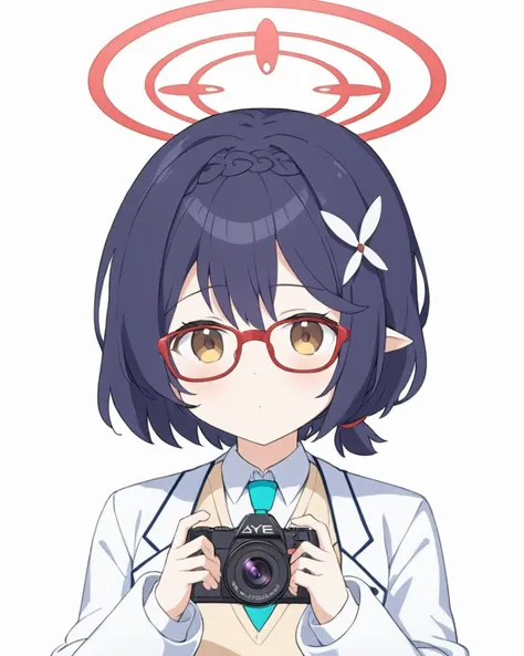 anime girl with glasses holding a camera and a camera