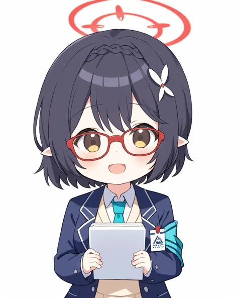 anime girl with glasses holding a tablet with angel halo above her head